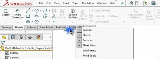 SOLIDWORKS Trial Installation and Activation command manager tabs